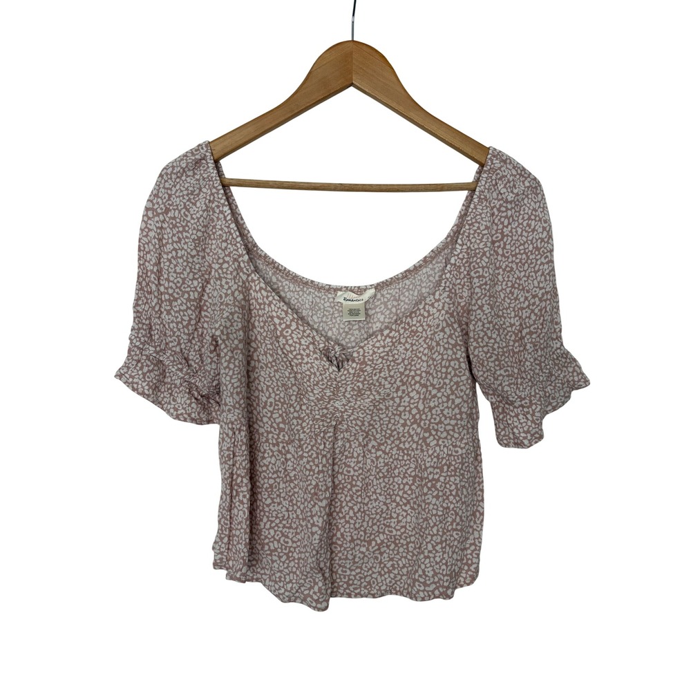 Flutter Sleeve Peasant Milkmaid Crop Top Mauve Leopard Peplum Babydoll M